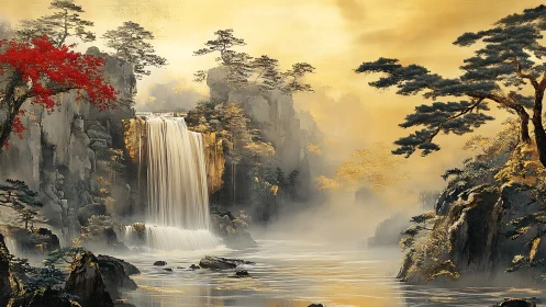 Golden misty waterfall framed by autumn pines and cliffs