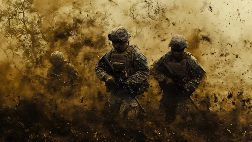 Soldiers advancing through explosive battlefield dust storm.