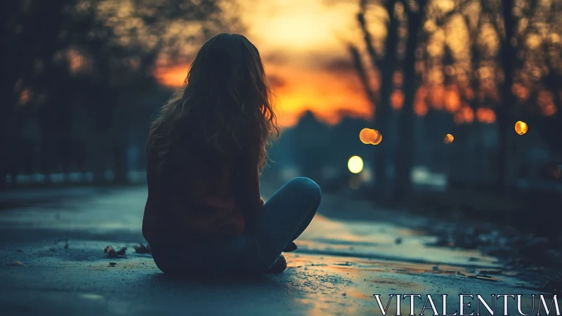 Woman sitting alone on empty road at sunset, moody atmosphere.