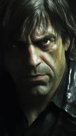 Weathered gaze of a determined man in dramatic shadows.