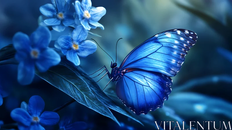 High-saturation blue butterfly resting on foliage with shallow DOF