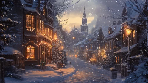 Gentle winter village street glowing with candlelit charm.