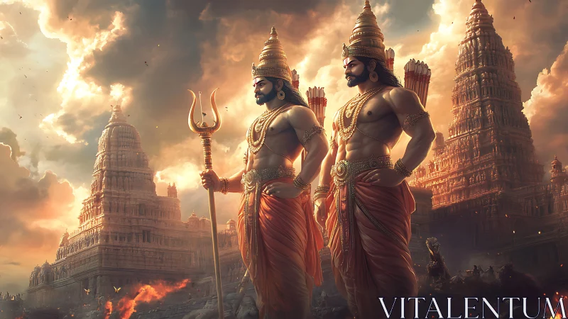 Twin warrior demigods guarding ember-lit ancient temples.