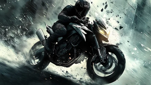 Motorcyclist cornering sharply on wet urban roadway.