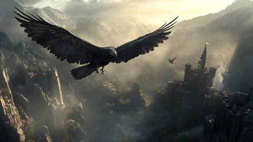 Giant eagle over misty fantasy mountains and fortress.