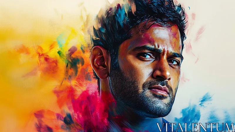 Intense male portrait emerges from vivid abstract color field