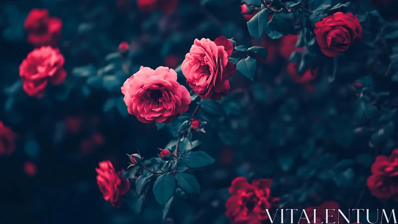 Chromatic depth layering: Saturated rose specimens against tonal atmospheric recession