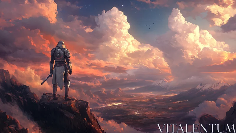 Lonely armored wanderer gazes over a vast glowing valley