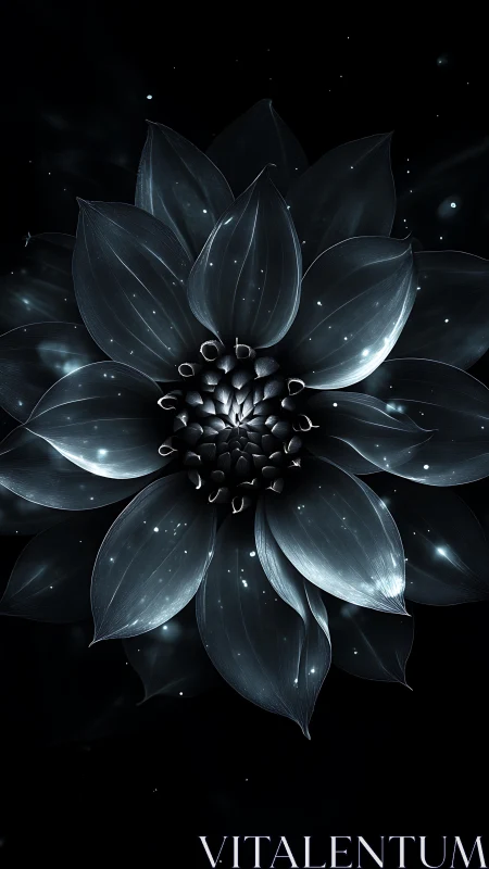 Monochrome digital flower with luminous petals on black.