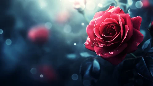 A Stunning Red Rose Blooms with Dewdrops in Soft Twilight