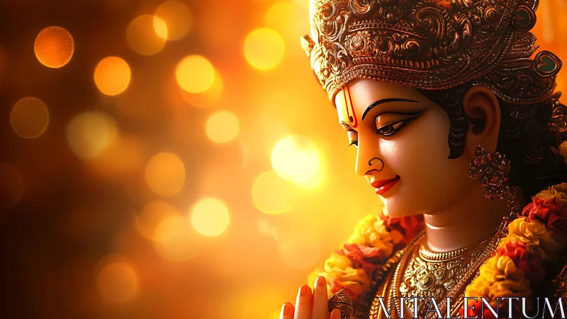 Profile view shows ornate deity statue against defocused lights