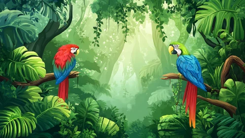 Colorful parrots perch on jungle branches in dense rainforest