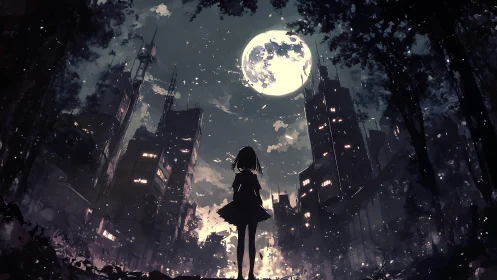 Girl silhouetted under full moon in dark futuristic city