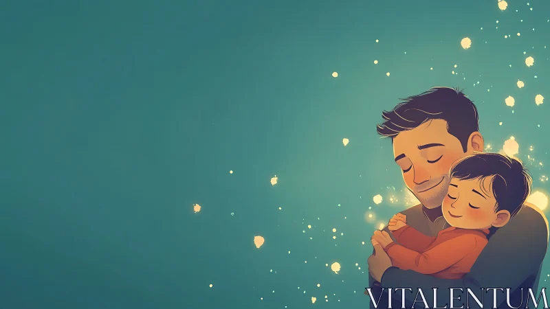 Paternal Embrace with Luminescent Bokeh Particles.