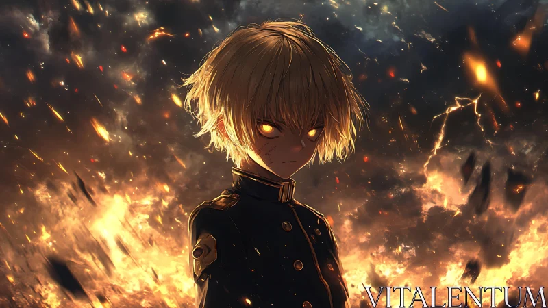 Blond anime soldier stands amid explosive fiery chaos.