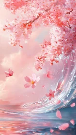 Cherry blossoms intersect transparent wave in vertical scene