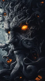 Volcanic arboreal titan with incandescent ocular vortices.