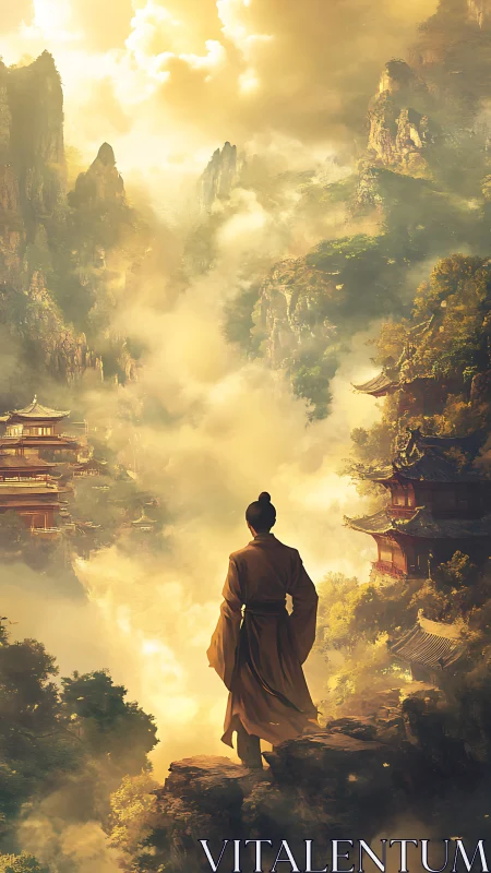 Robe clad figure overlooking misty mountain temples at dawn.