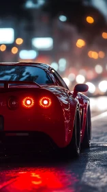 Red sports coupe rear view in wet neon-lit urban traffic at night