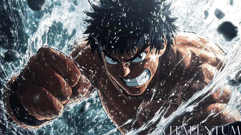 Dynamic anime boxer in high-impact splash-motion composition.