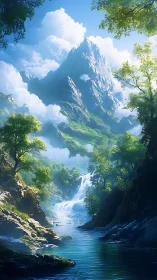 Mountain valley river and waterfall under clear daylight.