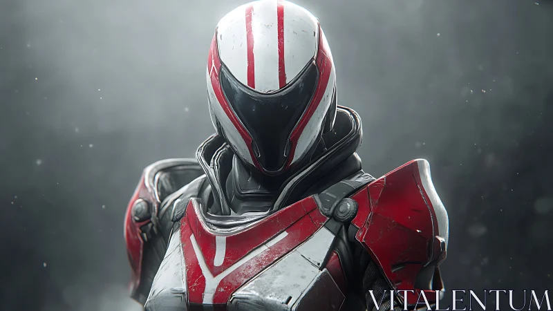 Calm space guardian in glossy red and white armor stands poised.