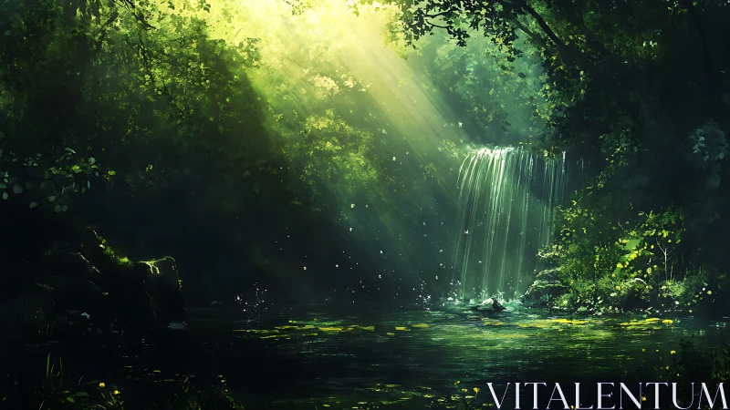 Waterfall cascades through verdant forest canopy bathed in radiant light.