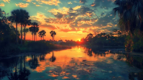 Digital painting sunset over tropical lagoon with reflective symmetry.