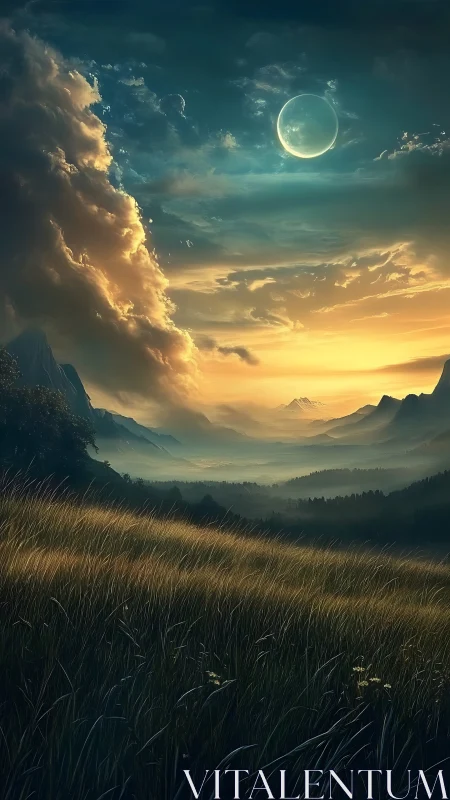 Layered mountain valley under crescent moon at dusk.