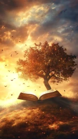 Ancient book conjures a glowing tree beneath fiery skies.