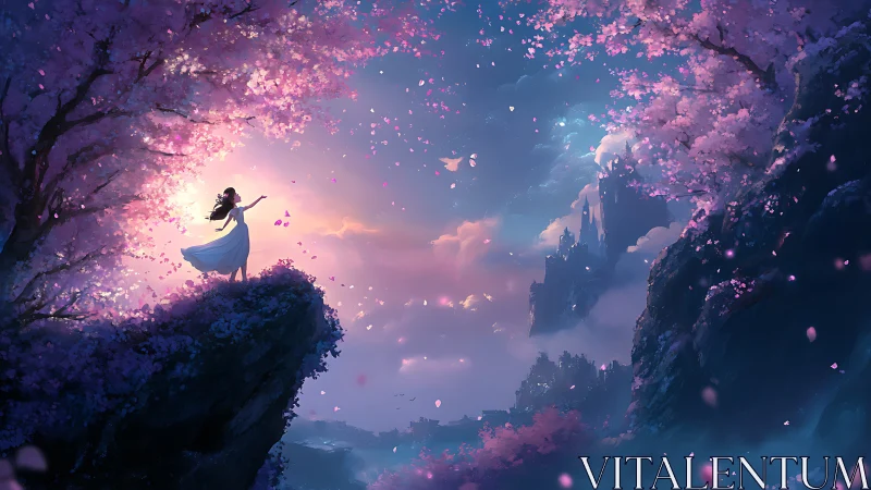 Petals whirl as a cliffside dreamer salutes the sky