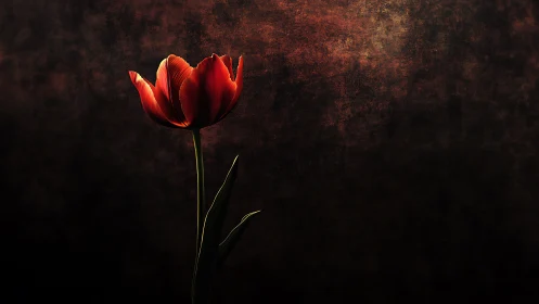 Low-key illuminated tulip against textured chiaroscuro field.
