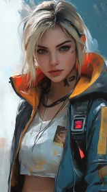 Cyberpunk street runner portrait with orange tech jacket