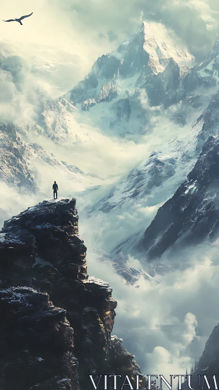 Solitary figure surveying vast misty alpine peaks.