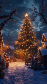 Starlit village Christmas tree blazing in snowfall hush.