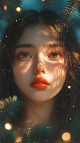 Digital portrait with botanical bokeh and dappled light rendering.