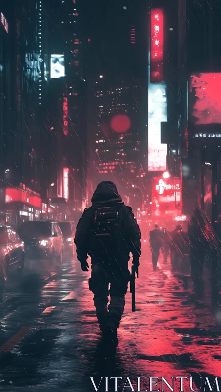 Lone operative walks neon rain street under red city glow.