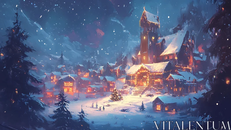 Snowy alpine village glows with festive winter lights at night.