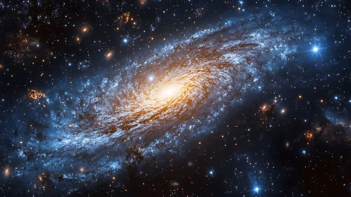 Spiral galaxy core glows amid dense blue starfield structure