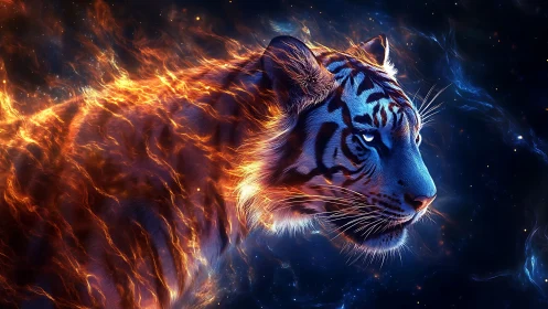 Starlit ember tiger prowls through cosmic nightfire dreamscape.