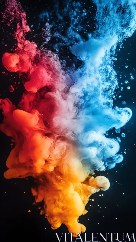 Colorful dance of fire and ice swirling underwater clouds.