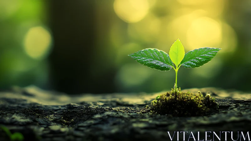 Young Green Seedling in Sunlight with Soft Nature Background.