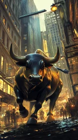 Charging metallic bull dominates rainy neon city street.