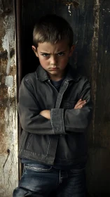 Young Boy Portrait in Deteriorating Industrial Setting