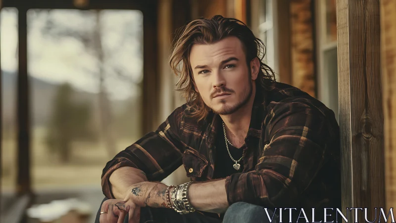 Rugged porch portrait with tattoos, long hair and warm bokeh background.