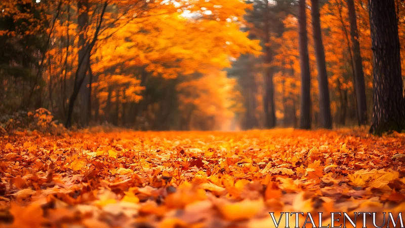 Golden autumn forest floor glows with vivid fallen leaves.