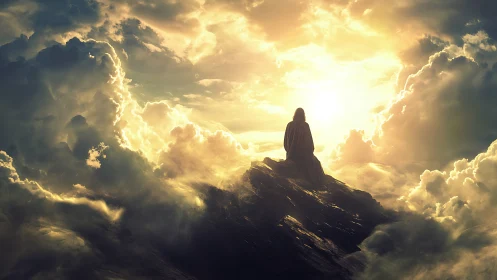 Solitary robed figure gazes toward radiant celestial sunrise