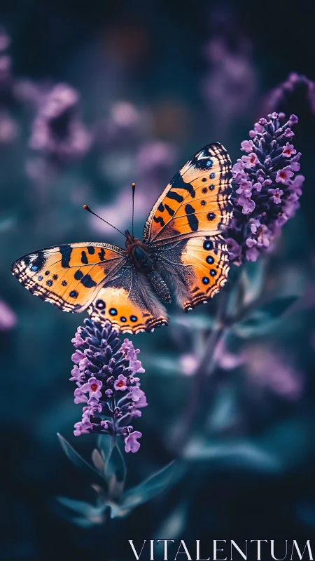 Orange butterfly rests on purple flowers in soft bokeh field