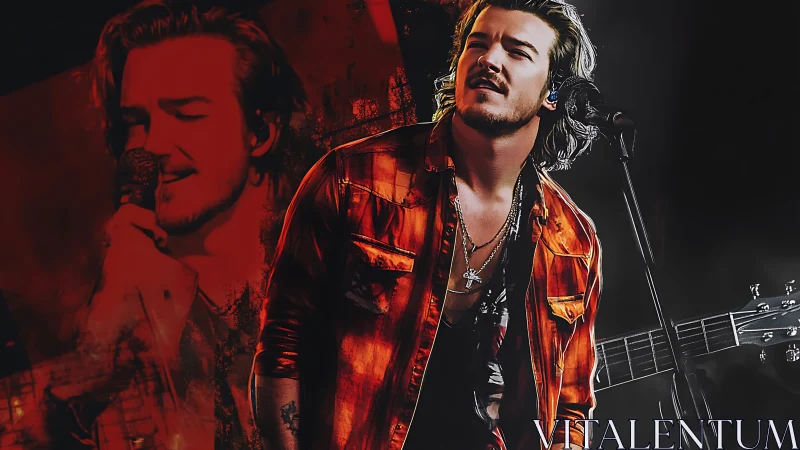 Male vocalist on stage with guitar and red overlay portrait.