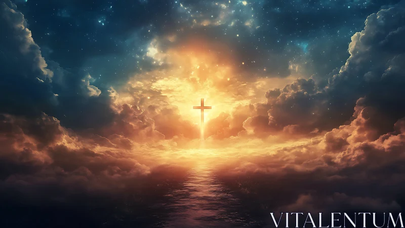 Radiant cross adrift in blazing celestial storm of light.